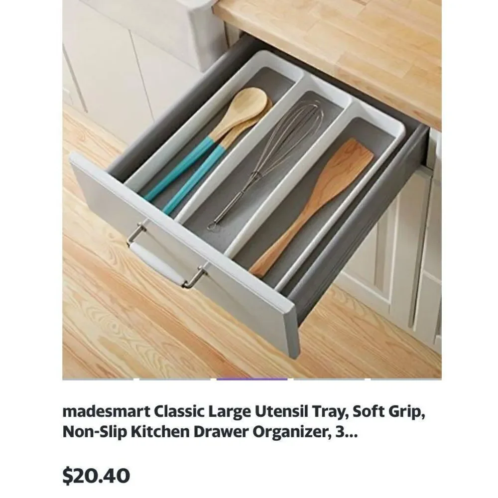 Madesmart Soft Grip Non-Slip Utensil Tray Kitchen Drawer Organizer Gray